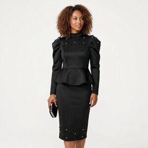 Rosaline Pearl Peplum Dress – Elegant Blush Scuba-Knit (Size 10)